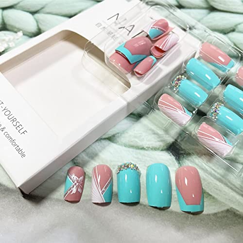 Teal and Gold Short Acrylic Nails Kit, Easy Application, Stylish Look - Image 2