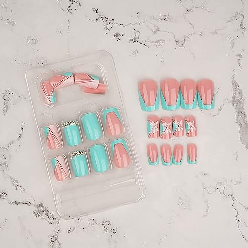 Teal and Gold Short Acrylic Nails Kit, Easy Application, Stylish Look - Image 3