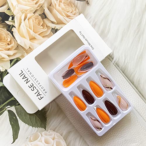 Trendy Orange Brown Acrylic Nails Set Medium Size Stylish Manicure - Image 3
