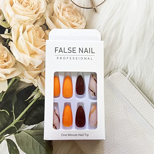 Trendy Orange Brown Acrylic Nails Set Medium Size Stylish Manicure - Image 6