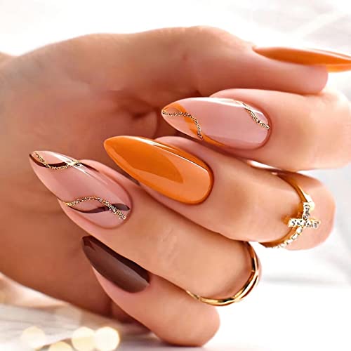 Trendy Orange Brown Acrylic Nails Set Medium Size Stylish Manicure