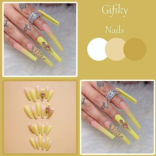 Stylish Yellow Coffin Acrylic Nails Set for Trendy Nail Art Designs - Image 2