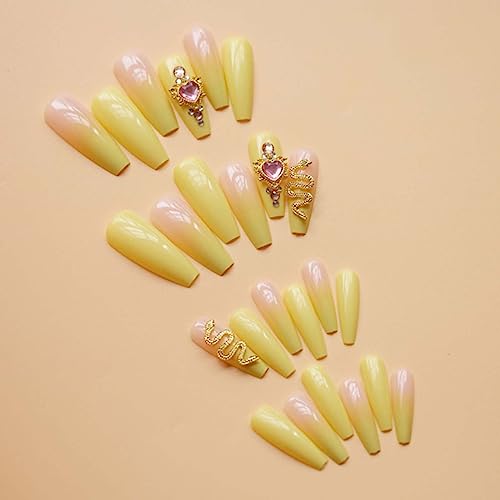 Stylish Yellow Coffin Acrylic Nails Set for Trendy Nail Art Designs - Image 4