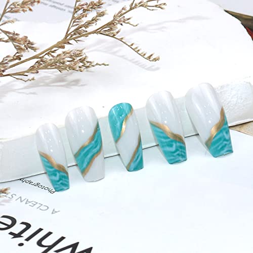 White and Gold Coffin Acrylic Nails - Image 2