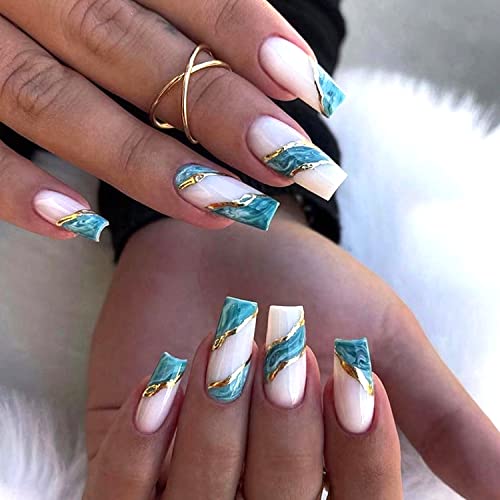 White and Gold Coffin Acrylic Nails