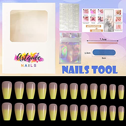 Yellow Ombre Acrylic Coffin Nails Set for Chic Nail Art and Manicures 24 Pcs - Image 5