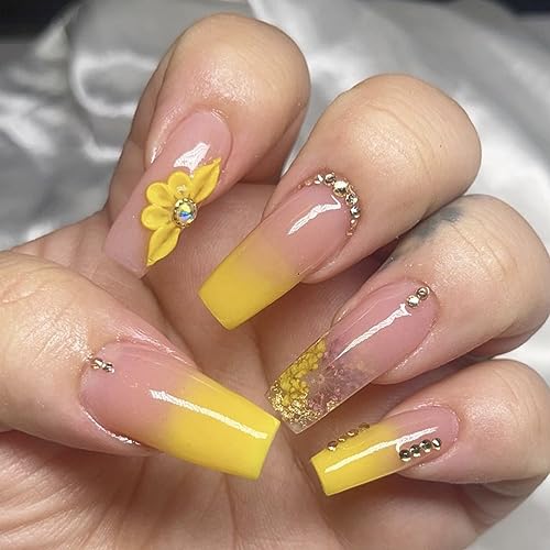 Stylish Yellow Flower Acrylic Nails Set - 24 Piece Durable Press-Ons for Any Occasion - Image 3