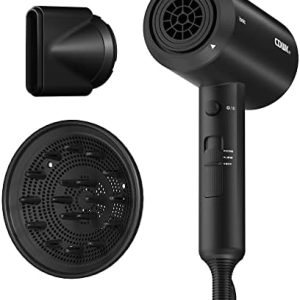 Natural black hair care with blow dryer.