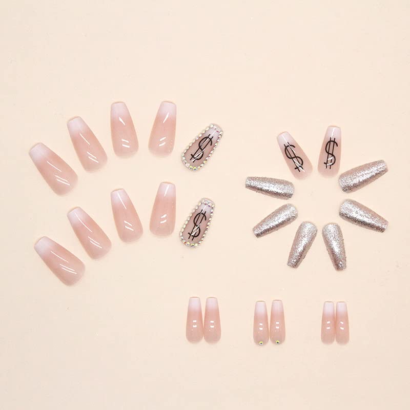 Chic 100pc White & Silver Coffin Acrylic Nails Set - Image 3