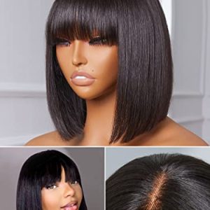 14-Inch Natural Look Bob Wig with Bangs Human Hair Comfortable Fit