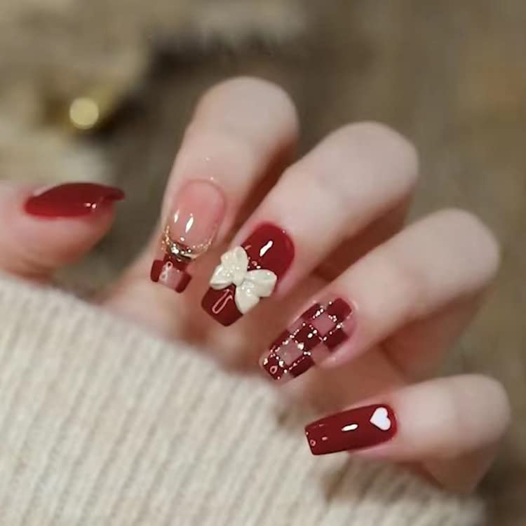 Red and White Acrylic Nail Set - Medium Length - Image 3