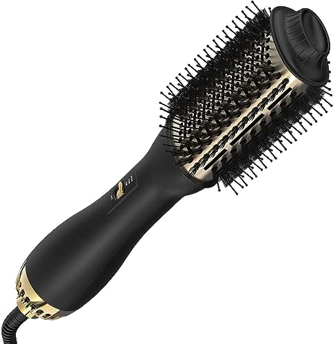 Black hair blow dryer brush for styling and drying.