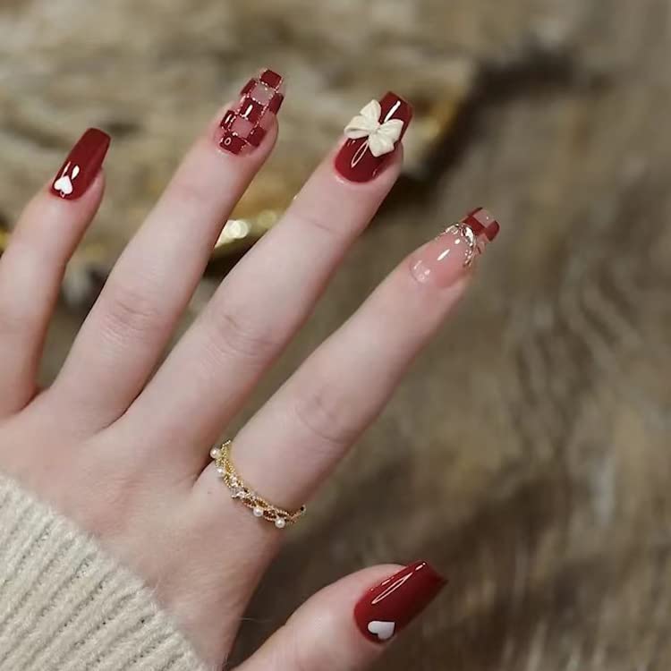 Red and White Acrylic Nail Set - Medium Length - Image 4