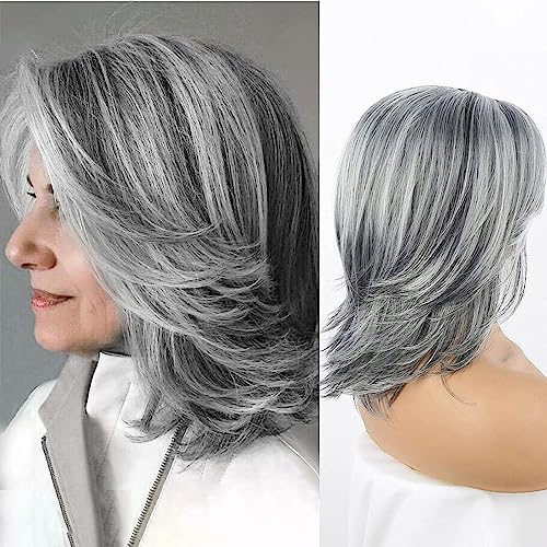 Ombre Black to Silver Human Hair Wig for Women Natural Look Comfortable Fit