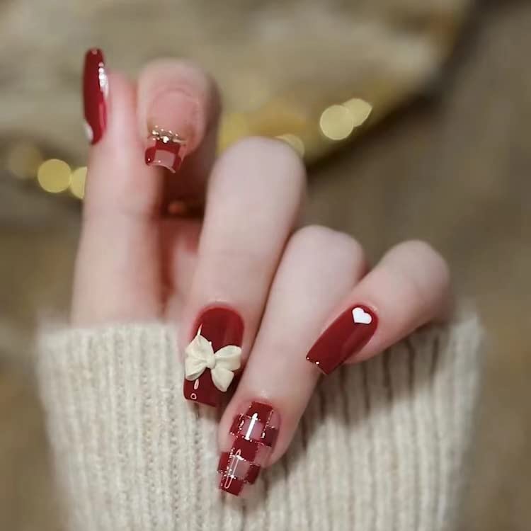 Red and White Acrylic Nail Set - Medium Length