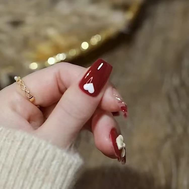 Red and White Acrylic Nail Set - Medium Length - Image 5