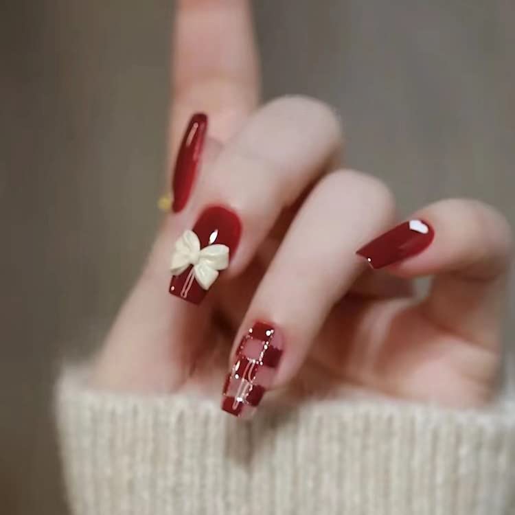 Red and White Acrylic Nail Set - Medium Length - Image 2