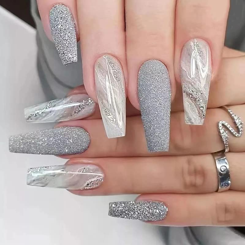 Set of White and Grey Acrylic Nails - Medium Length