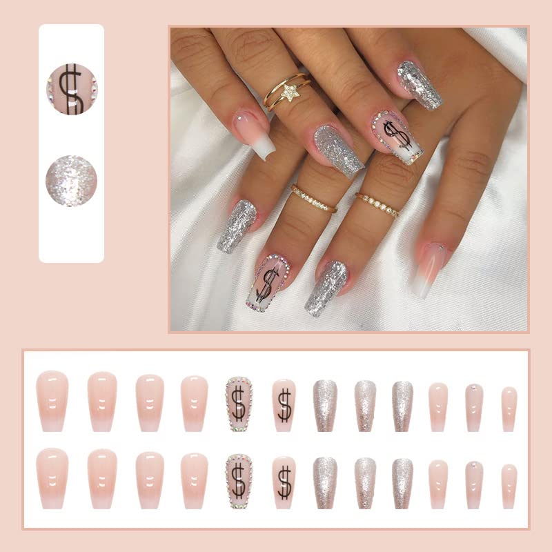 Chic 100pc White & Silver Coffin Acrylic Nails Set - Image 2
