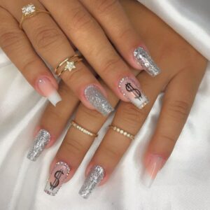 Chic 100pc White & Silver Coffin Acrylic Nails Set