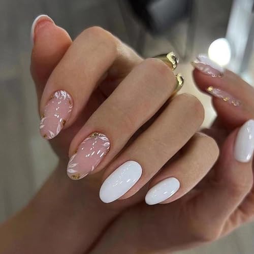 White acrylic nails in oval shape.