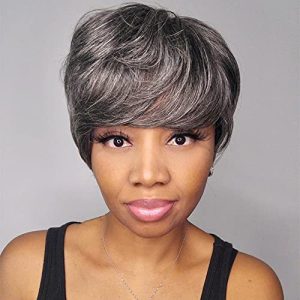 Gray human hair wig, short length.