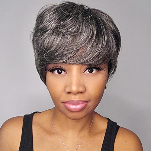 Gray human hair wig, short length.