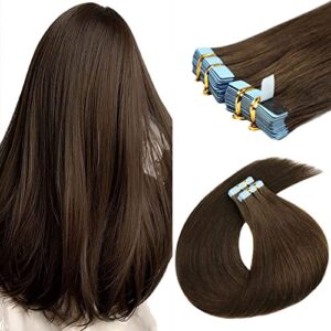 Brown human hair extension in dark shade.