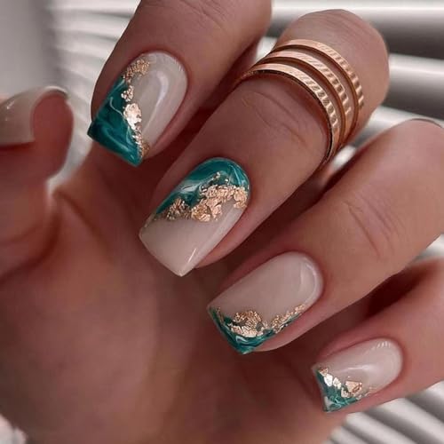 Green and Gold Acrylic Nails