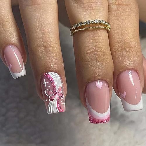 24-Piece Chic Pink Butterfly Acrylic Nail Set, Medium Size