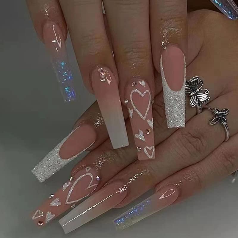 Pink & Silver Coffin Acrylic Nails.
