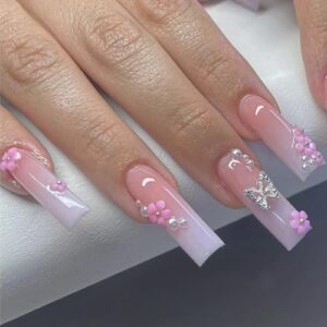 Long Pink White Ombre Acrylic Coffin Press On Nails Set