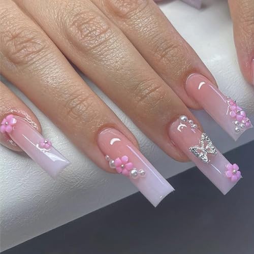 Long Pink White Ombre Acrylic Coffin Press On Nails Set