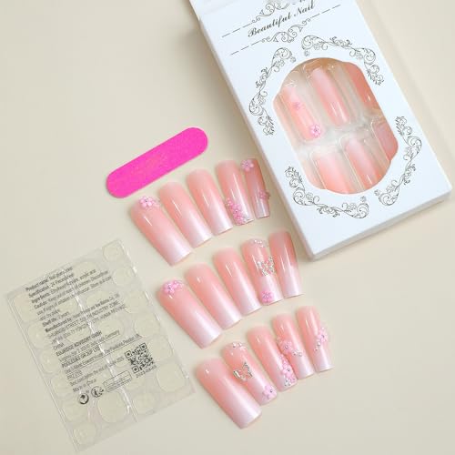 Long Pink White Ombre Acrylic Coffin Press On Nails Set - Image 3