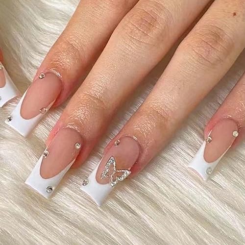 White Butterfly Acrylic Nails