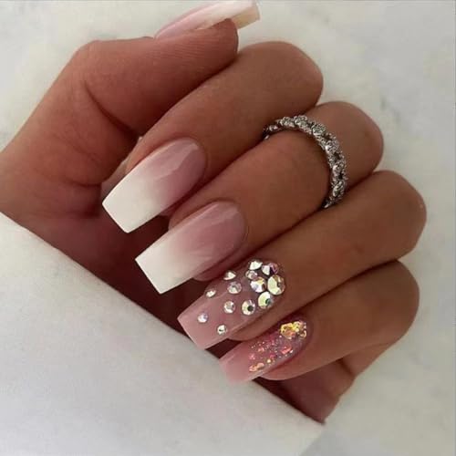 Ombre Pink and White Acrylic Nails Set - Medium Length