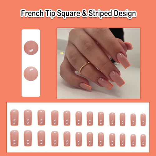 Orange gel nails with various designs. - Image 2