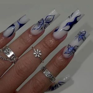 Durable White Acrylic Long Square Press-On Nails 24 Piece Set Easy Application