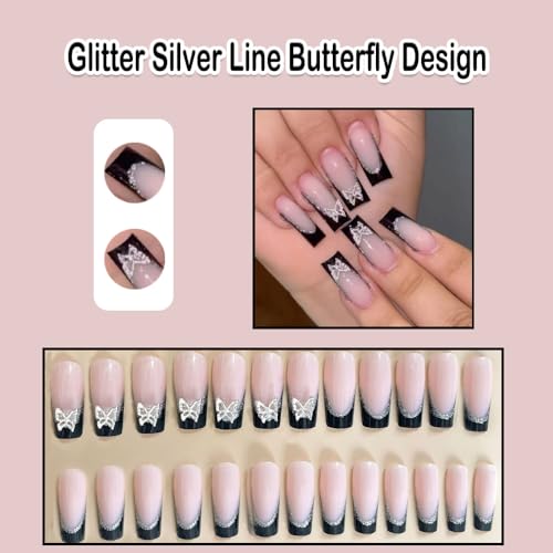 Stylish Short Silver and Black Acrylic Nails Set, Easy Application, Pack of 24 - Image 2