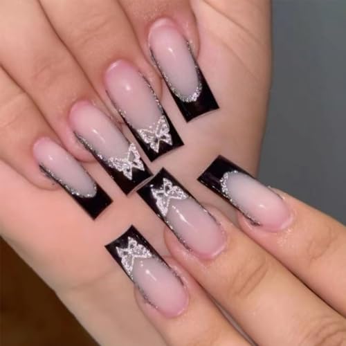 Stylish Short Silver and Black Acrylic Nails Set, Easy Application, Pack of 24