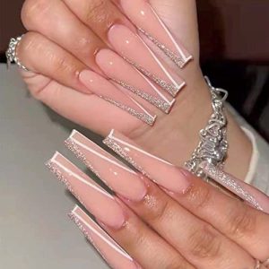 Pink and White Coffin Shape Acrylic Nails, 24 Piece Set