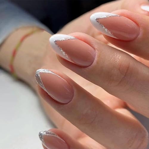 Sparkling White Silver Glitter Acrylic Nails Set 24 Count