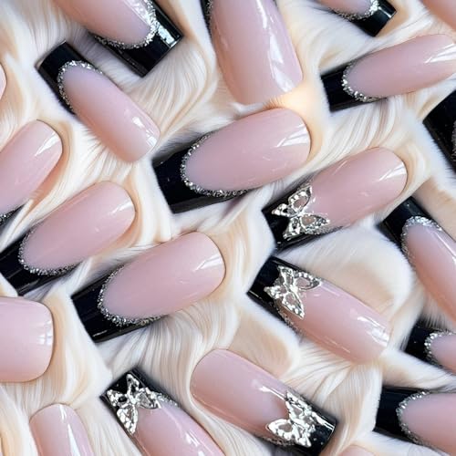 Stylish Short Silver and Black Acrylic Nails Set, Easy Application, Pack of 24 - Image 3