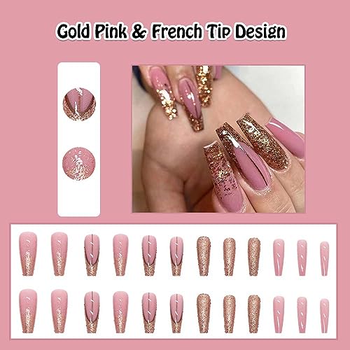 24 Piece Sparkling Pink Glitter Coffin Shaped Press On Nails Set - Image 2