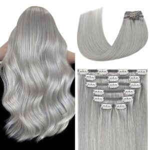 Grey human hair clip-in extension.