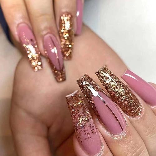 24 Piece Sparkling Pink Glitter Coffin Shaped Press On Nails Set