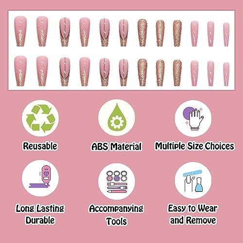 24 Piece Sparkling Pink Glitter Coffin Shaped Press On Nails Set - Image 3