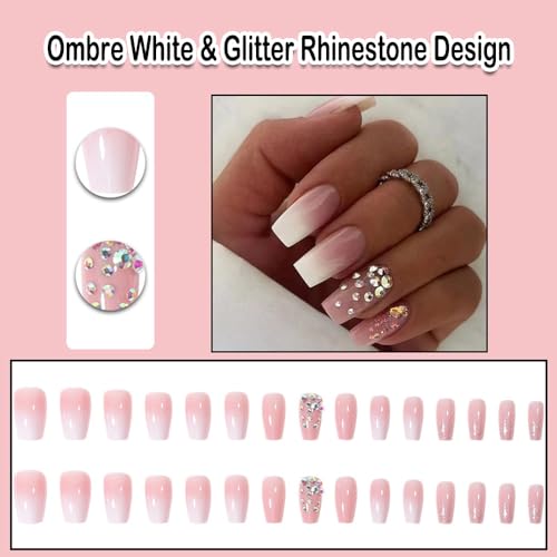 Ombre Pink and White Acrylic Nails Set - Medium Length - Image 2