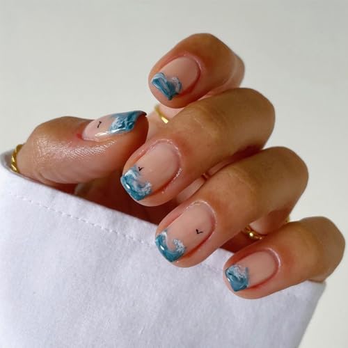 24 Piece Short Blue Square Acrylic Nails for a Stylish and Trendy Manicure