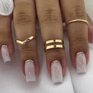 White and Gold Coffin Shape Acrylic Nail Tips Stylish Manicure 24 Pieces